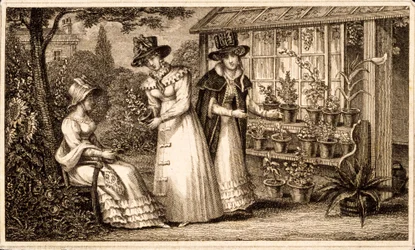 Trois dames jardinant près de l